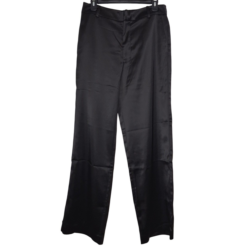 NEW Carbon38 Womens Black Satin Pants M Straight Leg High Rise Trousers Tailored - Picture 5 of 16